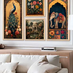 Kotart Brown & Green 4 Pieces Peacock & Elephant Printed Wooden Wall Arts image 2