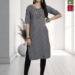 HERE&NOW Selection Of 3 Chevron Printed Round Neck Straight Kurtas-picture-11