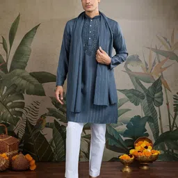 ODETTE Striped Mirror Work Straight Kurta With Dupatta-image-45