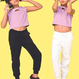 NUSYL Girls Set of 2 Solid Cotton Blend Straight Fit Side Pockets Trackpants-picture-10