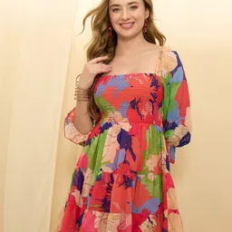 Berrylush Women Floral Printed Smocked Fit & Flare Dress-image-36