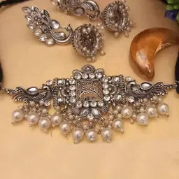 SZN Artificial Stone Studded & Beaded Oxidized Jewellery Set-picture-18