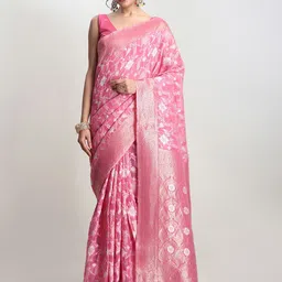 Janasya Women Pink Linen Blend Ethnic Motifs Woven Design Saree with Blouse Piece-picture-44