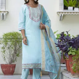 YAMUNE Women Floral Embroidered Regular Thread Work Pure Cotton Kurta with Trousers & With Dupatta image 2
