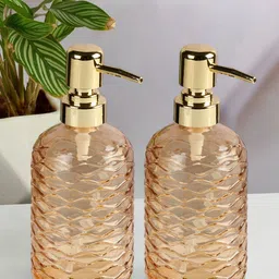 Kookee Orange & Gold-Toned 2 Pieces Textured Glass Soap Dispensers-400ml Each image 2