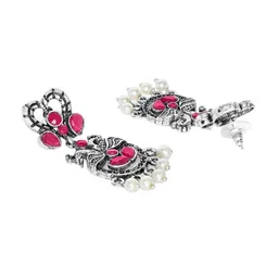 Sangria Stones Studded & Beaded Oxidized Drop Earrings image 3