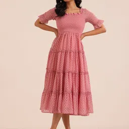 Polago Clothing Women Geometric Printed Smocked Tiered Fit & Flare Midi Dress-picture-19