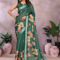 V3 FASHION STUDIO Floral Zari Linen Blend Jamdani Saree-image-44