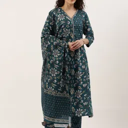 KALINI Floral Printed Mirror Work Pure Cotton Kurta With Trousers & Dupatta-picture-28