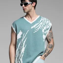 Jack & Jones Abstract Printed V-Neck Raw Edge Cotton Oversized T-shirt image 4
