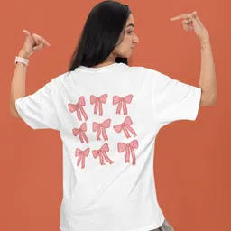 slenor Women Graphic Print Round Neck Pure Cotton White T-Shirt image 2