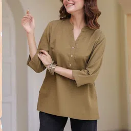 Rain & Rainbow Women Mandarin Collar Cotton Regular Top image 5