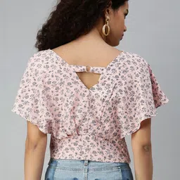 SHOWOFFFF Floral Print Flared Sleeve Crepe Styled Back Crop Top image 3