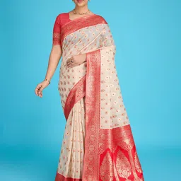 Durga Textile Cream and Red Linen Woven Banarasi Saree-picture-6