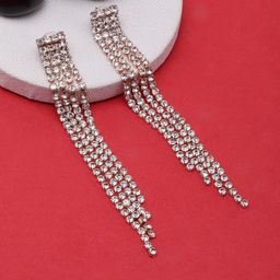 StyleCast Rose Gold-Plated Rhinestone Studded Tasselled Square Shaped Drop Earrings-picture-45