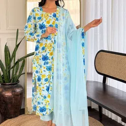 TURITY Women Floral Printed Regular Chanderi Silk Kurta with Trousers & With Dupatta image 3