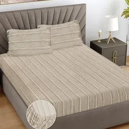 FABINALIV Cream Striped 300 TC Woollen King Bedsheet Set 2.5m x2.25 m-image-25