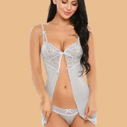 ZERJAMA Women White Sweetheart Neck Sheer Lace Nylon Baby Doll & Panty-picture-33