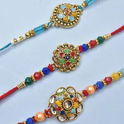 MEIRA JEWELLERY Men Set Of 3 Stones Studded & Beaded Rakhi Comes with Roli Chawal & Card-picture-29