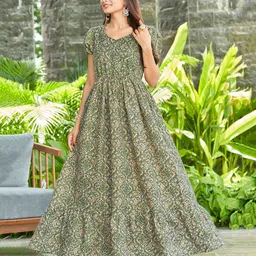 ODD BY chansi TRENDZ Ethnic Motifs Printed Puff Sleeve Cotton Fit & Flare Maxi Dress-picture-27