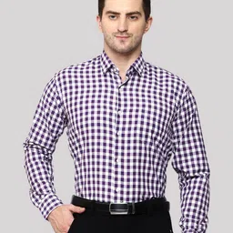 SWAZ Men New Slim Fit Grid Tattersall Checked Spread Collar Cotton Formal Shirt-image-0