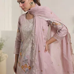 Indo Era Women Floral Embroidered Regular Thread Work Pure Cotton Kurta with Trousers & With Dupatta image 4