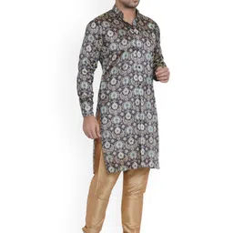 VEERA PARIDHAAN Floral Printed Mandarin Collar Jacquard Dupion Silk Straight Kurta image 3