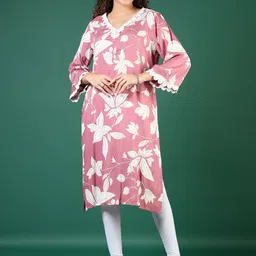 V-Mart Floral Printed Flared Sleeves Thread Work V-Neck A-Line Kurta image 3