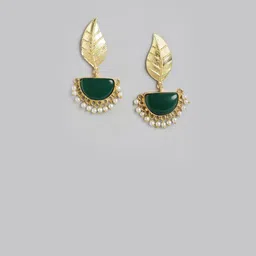 Anouk Gold-Plated Artificial Stones Studded & Beaded Leaf Shaped Drop Earrings image 4