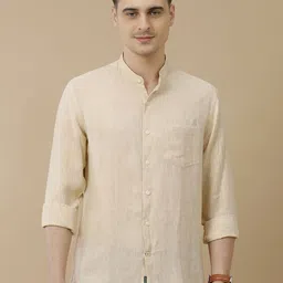 Linen Club Men Contemporary Slim Fit Band Collar Solid Casual Shirt-image-60