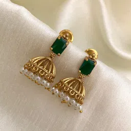 SUNERAA Gold-Plated Artificial Stones Studded & Pearls Beaded Dome Shaped Jhumkas-picture-31