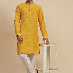 Pro-Ethic STYLE DEVELOPER Men Floral Colourblocked Angrakha Sequinned Pure Cotton Kurta with Pyjamas-picture-35
