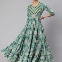 GLAM ROOTS Women Floral Printed Flared Sleeves Gotta Patti Tiering Anarkali Kurta image 1