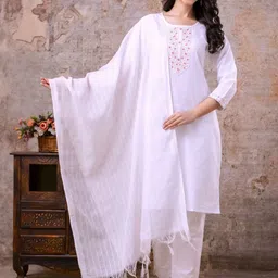 AUZAAI COLLECTION Embroidered Thread Work Pure Cotton Kurta With Trousers & Dupatta-picture-11