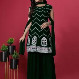 PARROT CREATION Mirror Embroidered Sequinned Round Neck Kurti with Sharara & Dupatta-picture-28