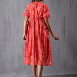 MODA-Q Women Floral Print Choker Neck Puff Sleeve A-Line Midi Dress image 4