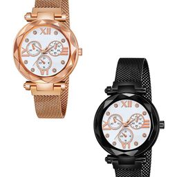 CSAMON Women Pack of 2 Analogue Watch Mina White Dial Rosegold Black Maganet-picture-28