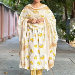 Ekaa Vastra Floral Printed Pure Cotton Straight Kurta With Trousers & Dupatta-image-17