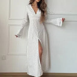 LULU & SKY Women Polka Dot Printed Flared Sleeve Monochrome Slits Detail Maxi Dress-picture-20