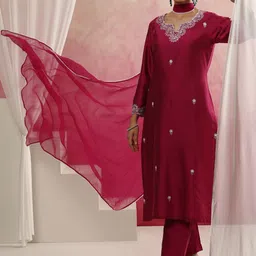 Khushal K Women Floral Embroidered Regular Thread Work Kurta with Palazzos & With Dupatta image 1