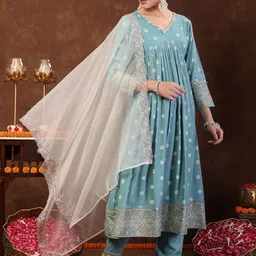 Stylum Ethnic Motifs Printed Empire Pure Cotton Kurta With Trousers & Dupatta image 5