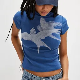 LULU & SKY Graphic Printed High Neck Short Sleeves Raw Edge T-shirt-picture-25