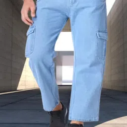 Playfeel Men Jean Mid-Rise Wide Leg Clean Look Stretchable Jeans-image-52