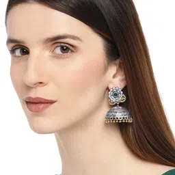 Sangria Silver-Plated Artificial Stones Studded And Beaded Dome Shaped Oxidised Jhumkas image 3