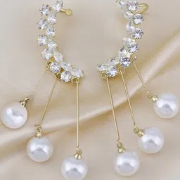 Zaphariq Gold-Plated CZ Studded & Pearls Beaded Tasselled Spherical Korean Ear Cuffs-picture-16