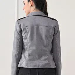 TBOJ Women Lapel Collar Solid Water Resistant Biker Jacket image 4