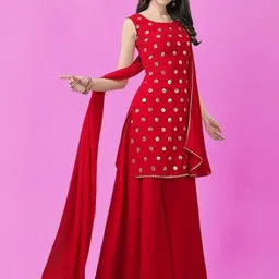 PARROT CREATION Geometric Embroidered Sequinned Georgette Kurti with Sharara And Dupatta-picture-15