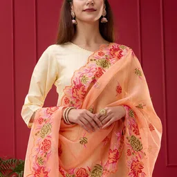 Dupatta Bazaar Floral Embroidered Thread Work Kota Doria Cotton Dupatta-image-27