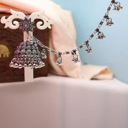 SIVA BY ANIKA Silver-Plated Dome Shaped Ghungroo Beaded Oxidised Jhumkas With Earchain image 2