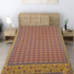 Texstylers Gold-Toned & Maroon Floral 140 TC Single Bedsheet with Pillow Covers-picture-46